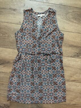LOFT Sleeveless Mini Dress in Blue and Brown Boho Print - Medium Petite